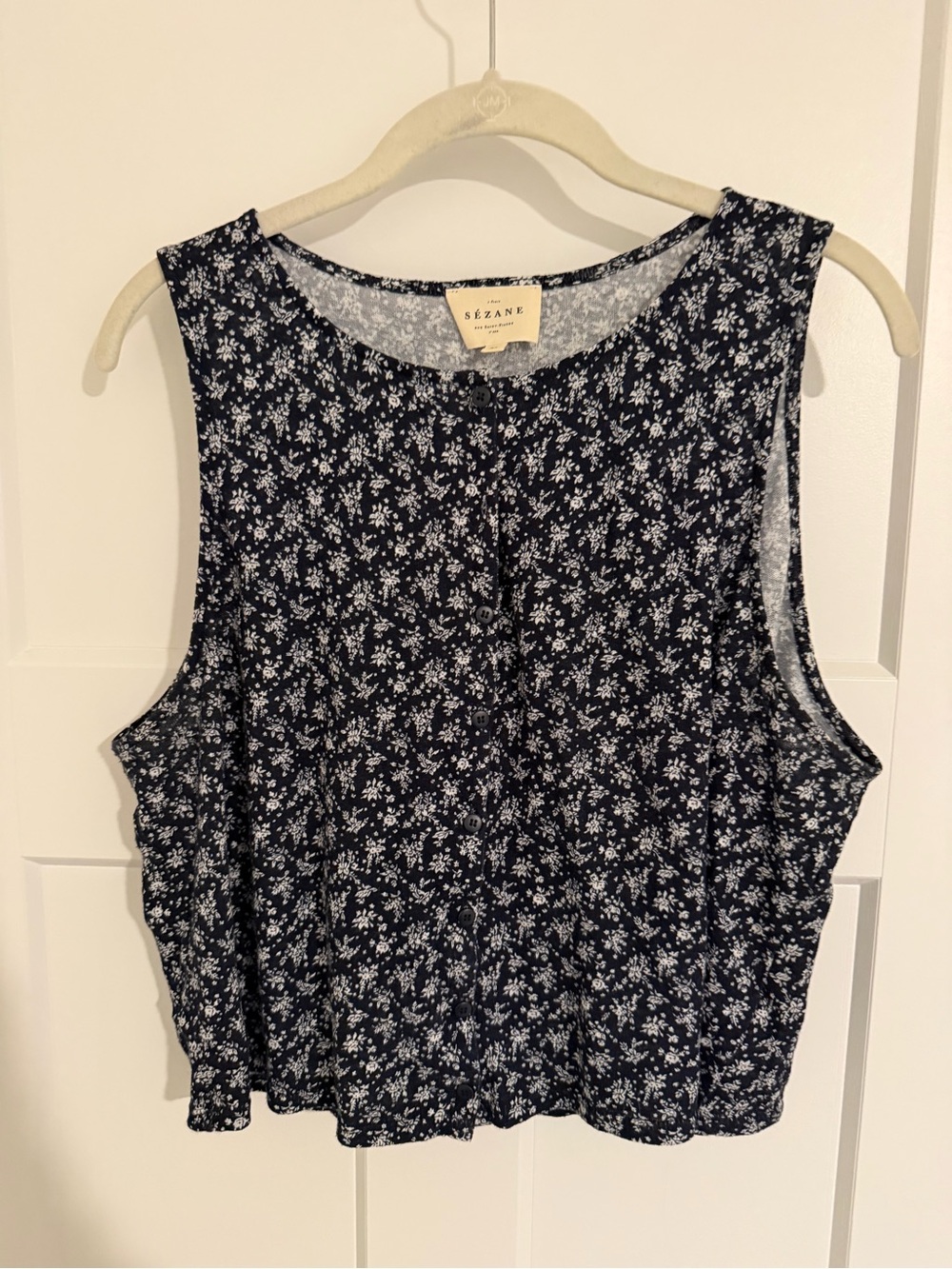 Sézane Navy Floral Sleeveless Cotton Top